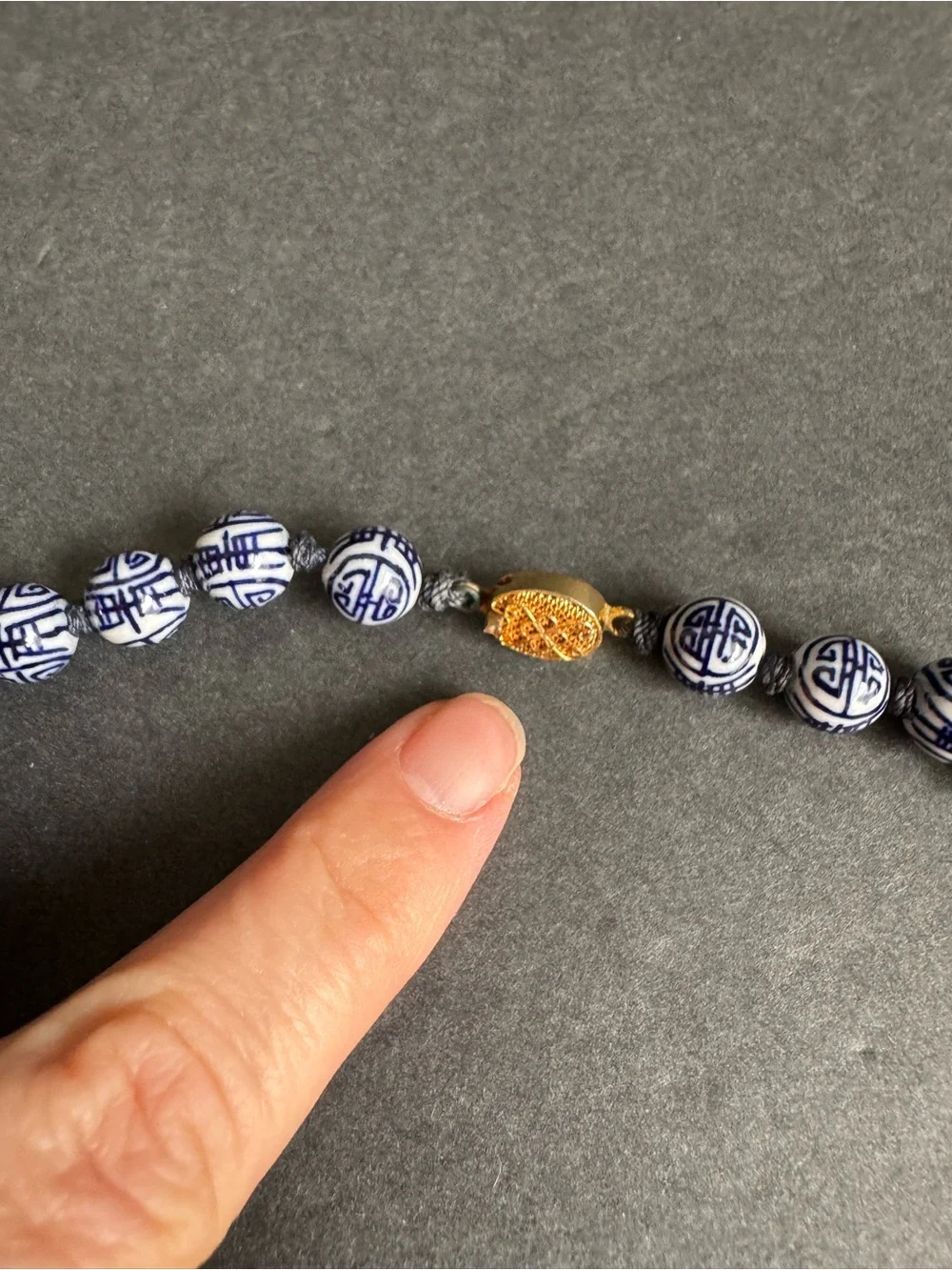 Vintage Chinese Shou Bead Necklace Blue White Porcelain Beaded Longevity 24